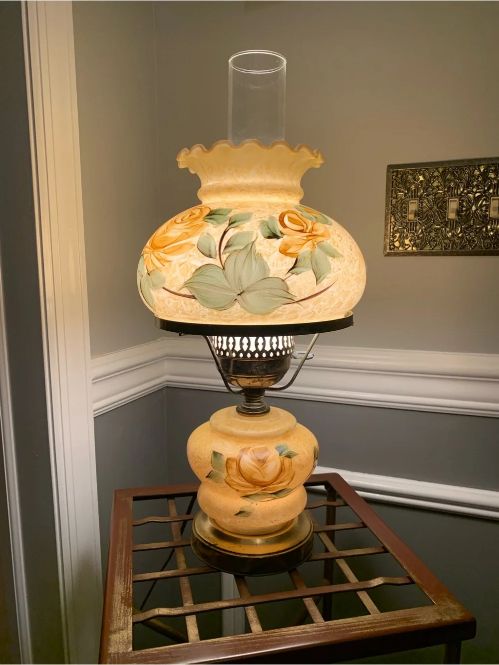 Hurricane Parlor Lamp 3-Way 18” Tall Hand Painted Floral Victorian Style